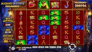 Gameplay screen of Madame Destiny Megaways slot with 200,704 ways to win and cascading reels