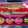 Genie Jackpots Megaways slot featuring Genie Power Spin with various bonus features including Wild Megaways, Genie Wilds, Genie Win Spin, and Bonus Megaways.