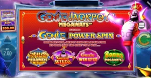 Genie Jackpots Megaways slot featuring Genie Power Spin with various bonus features including Wild Megaways, Genie Wilds, Genie Win Spin, and Bonus Megaways.