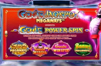 Genie Jackpots Megaways slot featuring Genie Power Spin with various bonus features including Wild Megaways, Genie Wilds, Genie Win Spin, and Bonus Megaways.