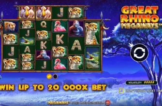 Great Rhino Megaways game screen with jungle background, symbols, and win up to 20,000x bet message