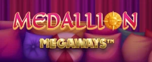 Medallion Megaways logo with vibrant background featuring colorful cushions and a mystical theme
