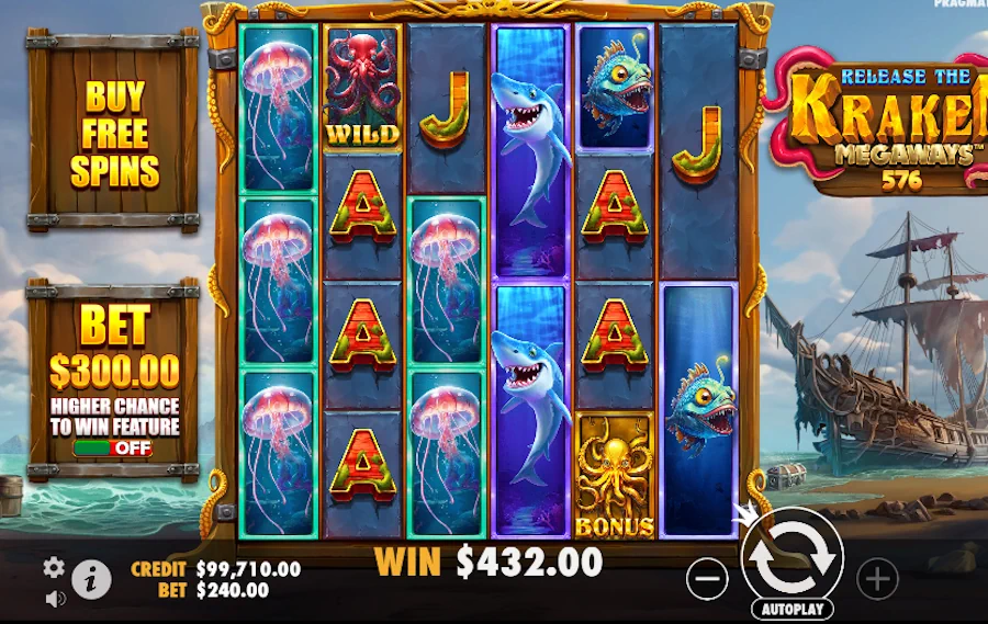 Release the Kraken Megaways slot win with wild symbols
