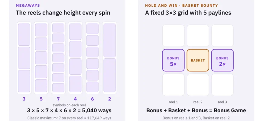 Left: six Megaways reels showing 3, 5, 7, 4, 6 and 2 symbols, which multiply to 5,040 ways. Right: Basket Bounty’s fixed 3×3 grid, where Bonus symbols on reels 1 and 3 plus the Basket on reel 2 start the Bonus Game.